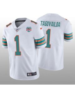 Men's Miami Dolphins #1 Tua Tagovailoa 2022 White With 50th Perfect Season Patch Limited Stitched Jersey