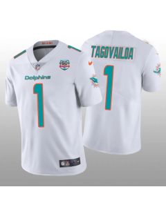 Men's Miami Dolphins #1 Tua Tagovailoa 2022 White With With 50th Perfect Season Patch Limited Stitched Jersey