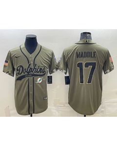 Men's Miami Dolphins #17 Jaylen Waddle Olive 2022 Salute To Service Cool Base Stitched Baseball Jersey