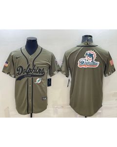 Men's Miami Dolphins Olive 2022 Salute To Service Team Big Logo Cool Base Stitched Baseball Jersey 001