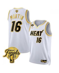 Men's Miami Heat #16 Caleb Martin White Gold Edition 2023 Finals Collection With NO.6 Patch Stitched Basketball Jersey