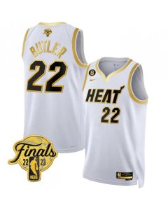 Men's Miami Heat #22 Jimmy Butler White Gold Edition 2023 Finals Collection With NO.6 Patch Stitched Basketball Jersey