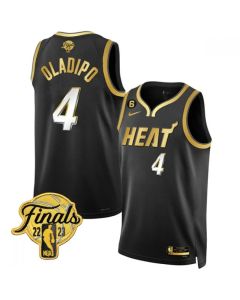 Men's Miami Heat #4 Victor Oladipo Black Gold Edition 2023 Finals Collection With NO.6 Patch Stitched Basketball Jersey