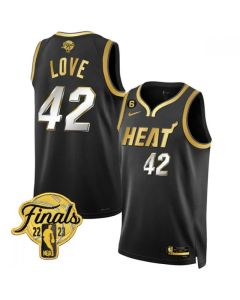 Men's Miami Heat #42 Kevin Love Black Gold Edition 2023 Finals Collection With NO.6 Patch Stitched Basketball Jersey