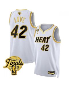 Men's Miami Heat #42 Kevin Love White Gold Edition 2023 Finals Collection With NO.6 Patch Stitched Basketball Jersey