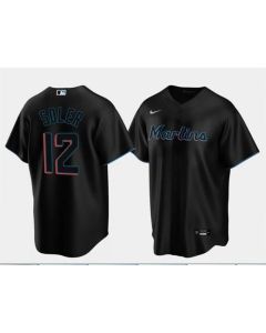Men's Miami Marlins #12 Jorge Soler Black Cool Base Stitched Jersey