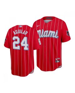 Men's Miami Marlins #24 Jesus Aguilar 2021 Red City Connect Cool Base Stitched Jersey