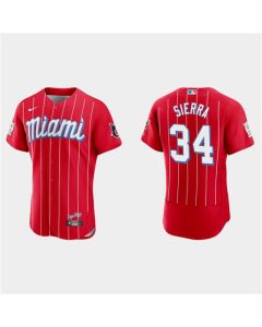 Men's Miami Marlins #34 Magneuris Sierra Red 2021 City Connect Flex Base Stitched Jersey