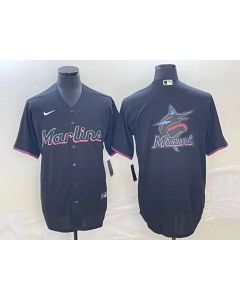 Men's Miami Marlins Black Team Big Logo Cool Base Stitched Baseball Jersey