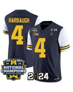 Men's Michigan Wolverines #4 Jim Harbaugh Navy/White 2024 F.U.S.E. With 2023 National Champions Patch Stitched Jersey (White Navy)