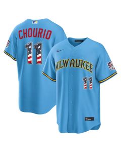 Men's Milwaukee Brewers #11 Jackson Chourio Nike Light Blue USA 250 Fourth of July Road Stadium Jersey (Blue)