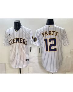 Men's Milwaukee Brewers #12 Cooper Pratt White Stitched Baseball Jersey (White)