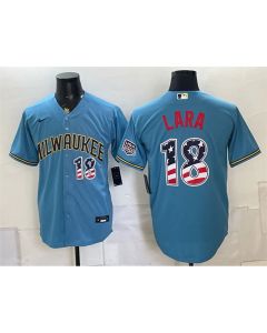 Men's Milwaukee Brewers #18 Luis Lara Blue 2026 USA 250 Fourth of July Home Stadium Jersey (Blue)