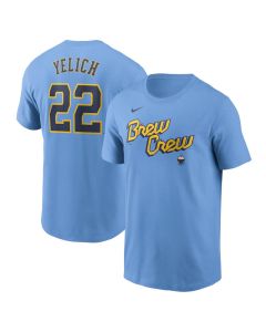 Men's Milwaukee Brewers #22 Christian Yelich Powder Blue City Connect Fuse Name & Number T-Shirt (Blue)