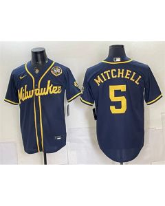 Men's Milwaukee Brewers #5 Garrett Mitchell Navy With Home & Bob Uecker Patch Limited Jersey (Navy)