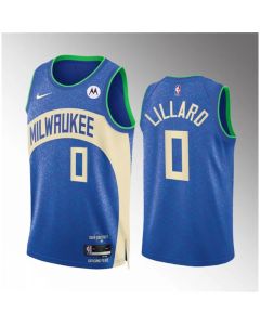 Men's Milwaukee Bucks #0 Damian Lillard 2023/24 Blue City Edition Stitched Basketball Jersey