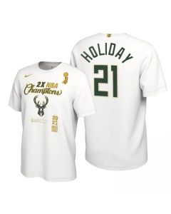 Men's Milwaukee Bucks #21 Jrue Holiday 2021 White Finals Champions Locker Room T-Shirt