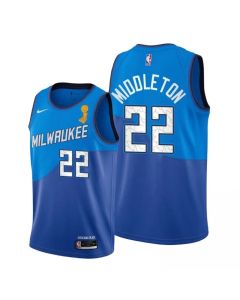 Men's Milwaukee Bucks #22 Khris Middleton 2021 Blue Finals Champions Stitched Basketball Jersey