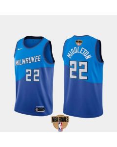 Men's Milwaukee Bucks #22 Khris Middleton 2021 NBA Finals Blue City Edition Stitched Jersey