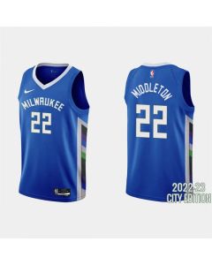 Men's Milwaukee Bucks #22 Khris Middleton 2022-23 Blue City Edition Stitched Basketball Jersey