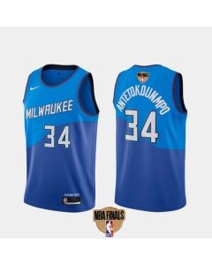Men's Milwaukee Bucks #34 Giannis Antetokounmpo 2021 NBA Finals Blue City Edition Stitched Jersey