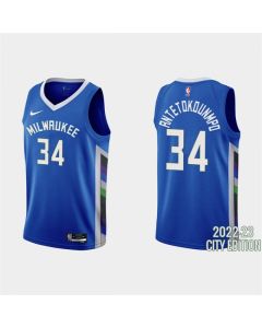 Men's Milwaukee Bucks #34 Giannis Antetokounmpo 2022-23 Blue City Edition Stitched Basketball Jersey (Blue)
