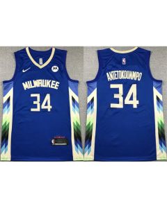 Men's Milwaukee Bucks #34 Giannis Antetokounmpo 2022-23 Blue City Edition Stitched Basketball Jersey