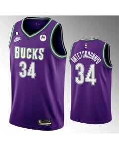 Men's Milwaukee Bucks #34 Giannis Antetokounmpo 2022/23 Purple Classic Edition Swingman With No.6 Patch Stitched Basketball Jersey
