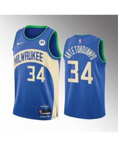 Men's Milwaukee Bucks #34 Giannis Antetokounmpo 2023/24 Blue City Edition Stitched Basketball Jersey