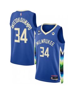 Men's Milwaukee Bucks #34 Giannis Antetokounmpo Blue 2022/23 City Edition With NO.6 Patch Stitched Basketball Jersey