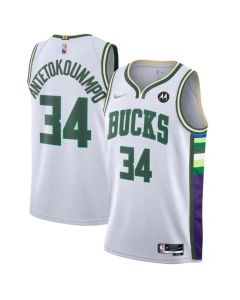 Men's Milwaukee Bucks #34 Giannis Antetokounmpo White 2021/22 75th Anniversary Swingman City Edition Stitched Jersey