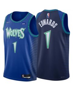 Men's Minnesota Timberwolves #1 Anthony Edwards 2021/22 Blue City Edition 75th Anniversary Swingman Stitched Jersey