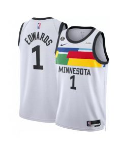 Men's Minnesota Timberwolves #1 Anthony Edwards White 2022/23 City Edition With NO.6 Patch Swingman Stitched Jersey