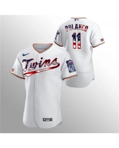 Men's Minnesota Twins #11 Jorge Polanco White 2020 Stars & Stripes Flex Base Stitched Jersey
