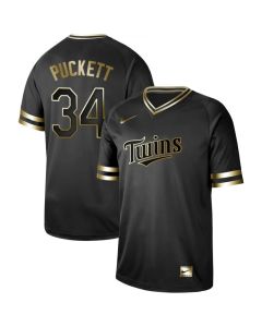 Men's Minnesota Twins #34 Kirby Puckett Black Gold Stitched MLB Jersey