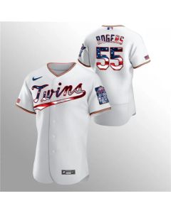 Men's Minnesota Twins #55 Taylor Rogers White 2020 Stars & Stripes Flex Base Stitched Jersey