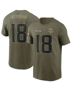 Men's Minnesota Vikings #18 Justin Jefferson 2021 Olive Salute To Service Legend Performance T-Shirt