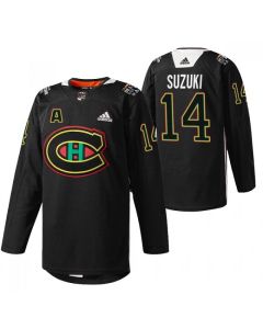 Men's Montreal Canadiens #14 Nick Suzuki 2022 Black Warm Up History Night Stitched Jersey