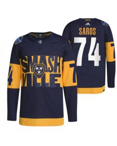 Men's Nashville Predators #74 Juuse Saros 2022 Navy Stadium Series Player Stitched Jersey
