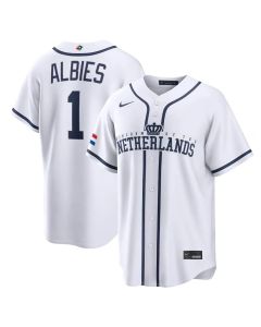 Men's Netherlands Baseball #1 Ozzie Albies White 2026 World Baseball Classic Home Stadium Jersey (White)