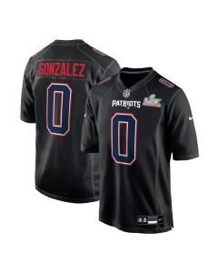 Men's New England Patriots #0 Christian Gonzalez Black Super Bowl LX Patch Carbon Fashion Game Jersey