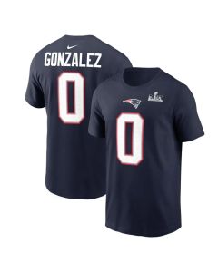 Men's New England Patriots #0 Christian Gonzalez Navy Super Bowl LX Patch Name & Number T-Shirt (Navy)
