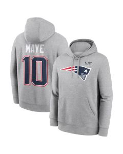 Men's New England Patriots #10 Drake Maye Heather Gray Super Bowl LX Patch Name & Number Hoodie (Gray)