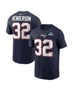 Men's New England Patriots #32 TreVeyon Henderson Navy Super Bowl LX Patch Name & Number T-Shirt (Navy)