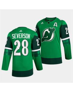 Men's New Jersey Devils #28 Damon Severson Green Warm-Up St Patricks Day Stitched Jersey