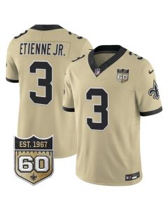 Men's New Orleans Saints #3 Travis Etienne Jr. Gold 2026 60th Anniversary Patch Vapor F.U.S.E Limited Jersey (Gold)
