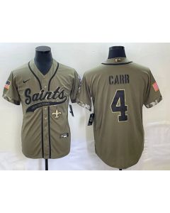 Men's New Orleans Saints #4 Derek Carr Olive Salute To Service With Patch Cool Base Stitched Baseball Jersey