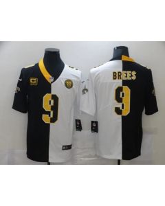 Men's New Orleans Saints #9 Drew Brees Black White Split With C Patch Stitched Jersey