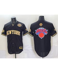 Men's New York Knicks Team Big Logo Black Gold 2026 Finals & Eastern Conference Champions Patch Stitched Baseball Jersey (Black Gold)
