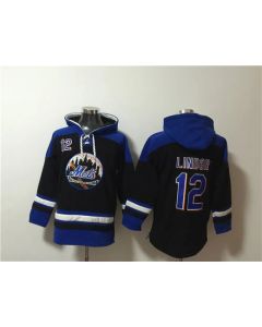 Men's New York Mets #12 Francisco Lindor Black/Blue Ageless Must-Have Lace-Up Pullover Hoodie